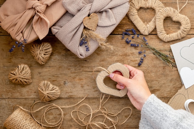 Zero waste Valentine's Day concept and mock up. gift packaged furoshiki style with lavender