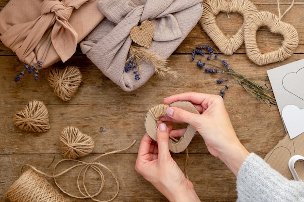 Zero waste Valentine's Day concept and mock up. gift packaged furoshiki style with lavender