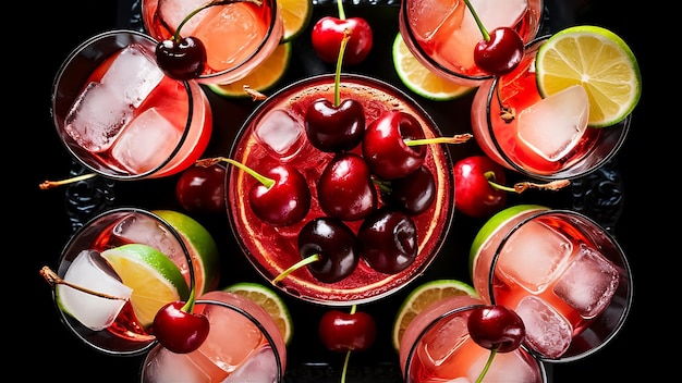 Zesty and delicious cocktails with cherries ice and lime on black backdrop concept