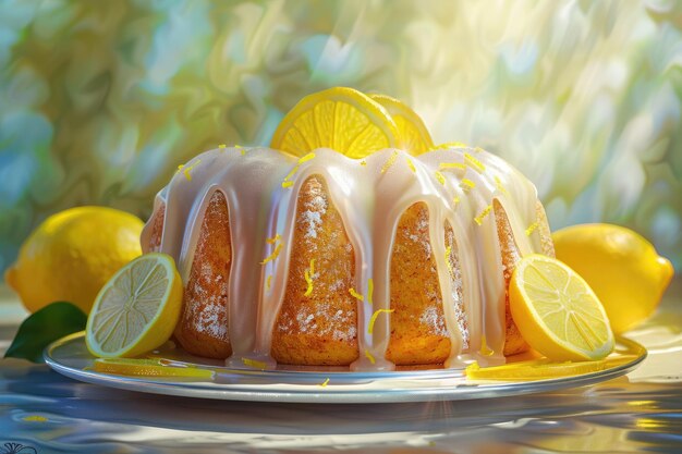 Photo zesty lemon drizzle cake with shiny glaze and lemon zest