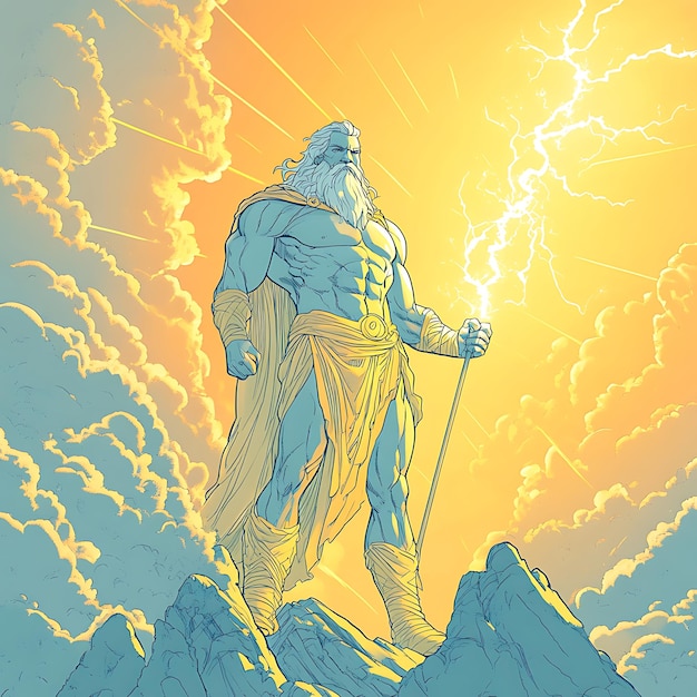 Zeus the King of the Gods Stands on a Mountaintop Holding a Lightning Bolt