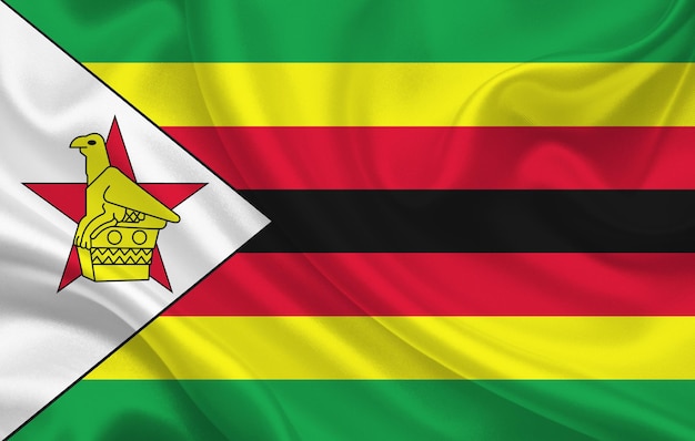 Zimbabwe country flag on wavy silk fabric background panorama - illustration