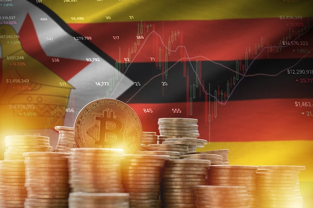 Zimbabwe flag and big amount of golden bitcoin coins and trading platform chart Crypto currency