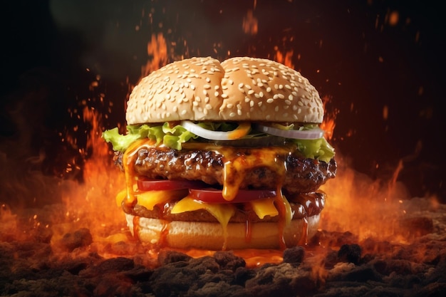 Zinger burger image with cinematic background with flame around on a table have cheese inside