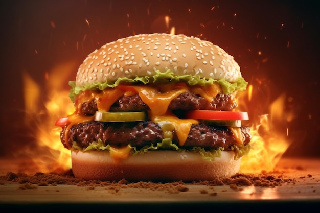 Zinger burger image with cinematic background with flame around on a table have cheese inside