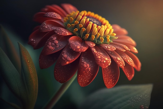 Zinnia Tree Branch with Crimson Glowing Flowers Blossoming in Summertime