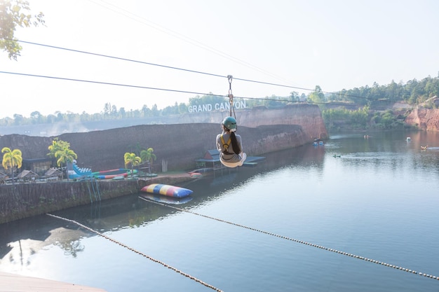 Zipline Challenges and Adventures on Cable in a Theme Park