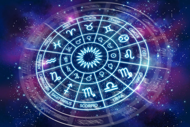 Zodiac circle with planets signs on the background of the dark cosmos Astrology The science of stars and planets Secret Esoteric Science