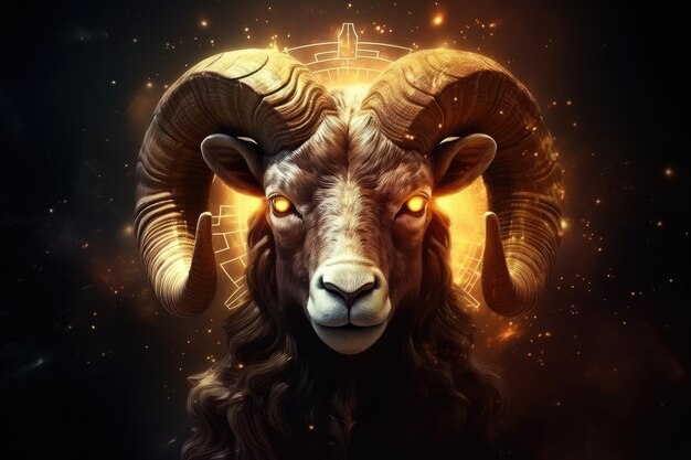 Zodiac sign of aries head with magic light in star wheel horoscope Generative Ai