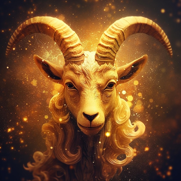 Zodiac sign of Capricorn fantasy gold goat on night sky background generative AI