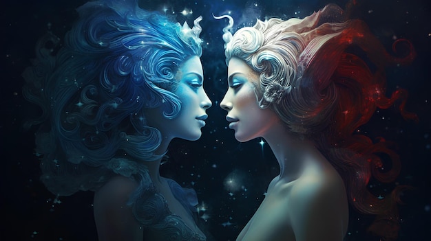 Zodiac sign gemini in cosmic space Two women in space Generative AI