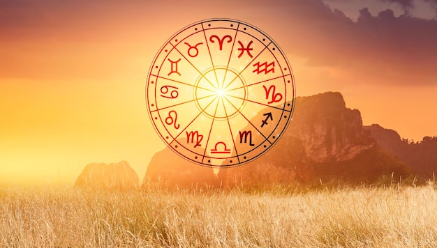 Zodiac signs inside of horoscope circle Astrology in the sky with many stars and moons astrology and horoscopes concept