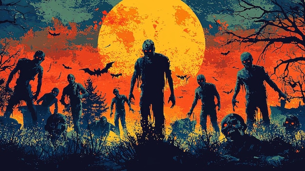 Zombie apocalypse under large moon with bats flying