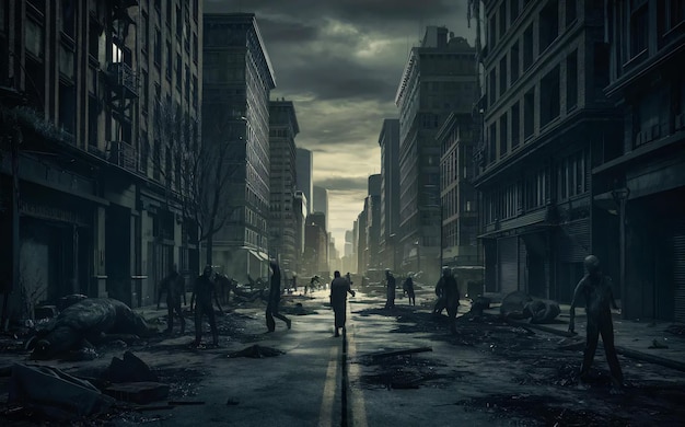 A zombie apocalypse scene in an abandoned city with undead wandering the streets