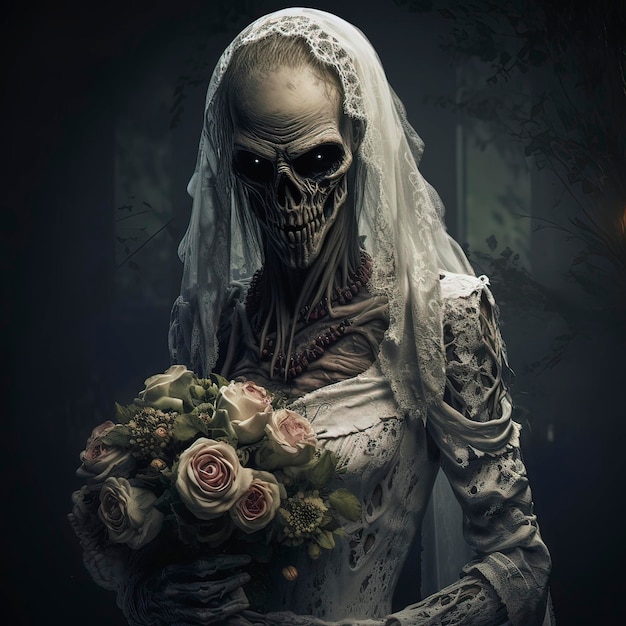 Zombie Bride Face Illustration AIGenerated Halloween Artwork