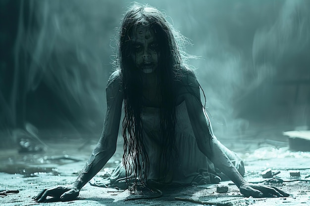 A zombie crawling on the ground a female figure with long hair and pale skin a scary atmosphere wi