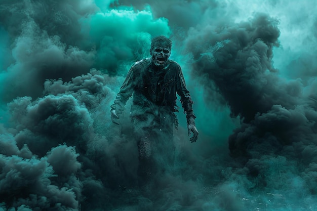 Zombie fullbody shot dark background rim light teal and black smoke in the air