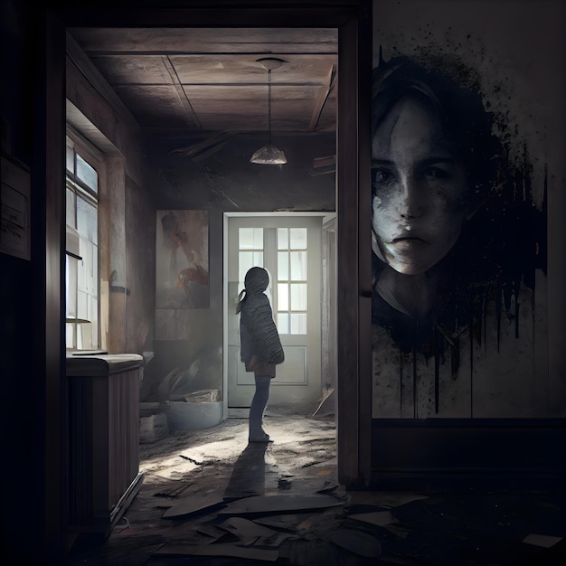 Zombie girl in abandoned room Halloween concept 3D Rendering