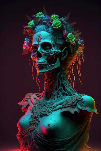 An zombie goddess of horror and terror neon rainbow pastel color scheme AIGenerated