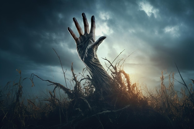 Zombie hand rising out of a graveyard in spooky night Halloween concept