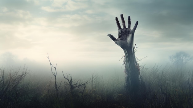 Zombie hand rising out of a graveyard in spooky night Halloween concept