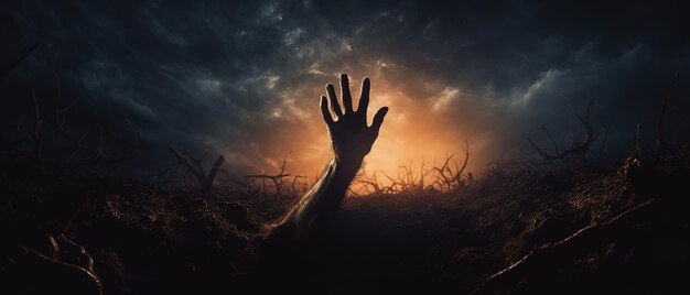 Zombie hand rising out of a graveyard in spooky night Halloween concept