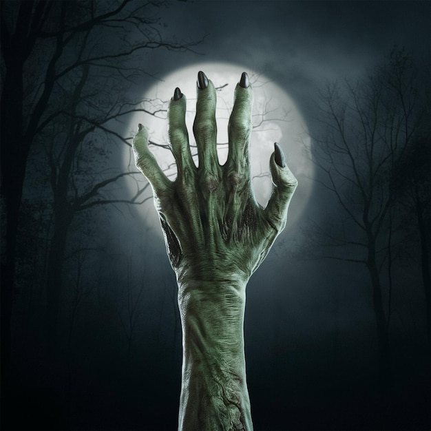 a zombie hand with a full moon behind it