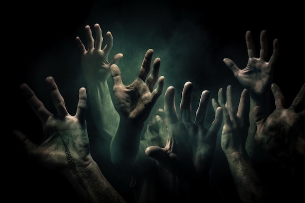 Zombie hands rising in dark halloween night