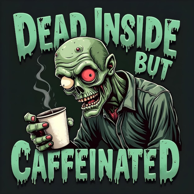 A zombie holding a coffee cup with a grin surrounded by Halloween decorations