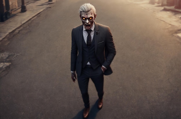 Zombie man in business suit on city street Stylish living dead in downtown Generative AI