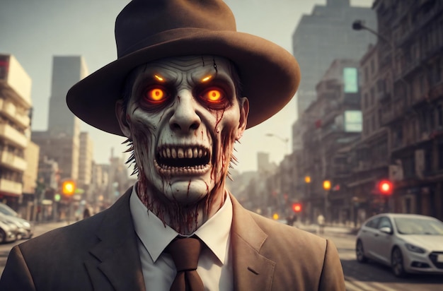 Zombie man in business suit on city street Stylish living dead in downtown Generative AI