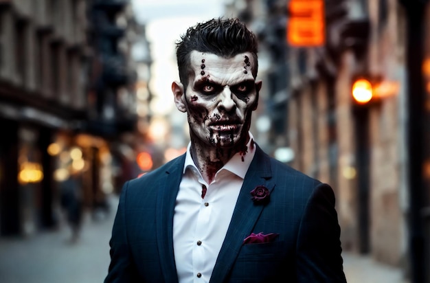 Zombie man in business suit on city street Stylish living dead in downtown Generative AI