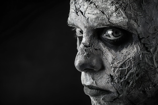 Photo zombie man with a creepy face portrait a horror concept a scary zombie head isolated on a black ba