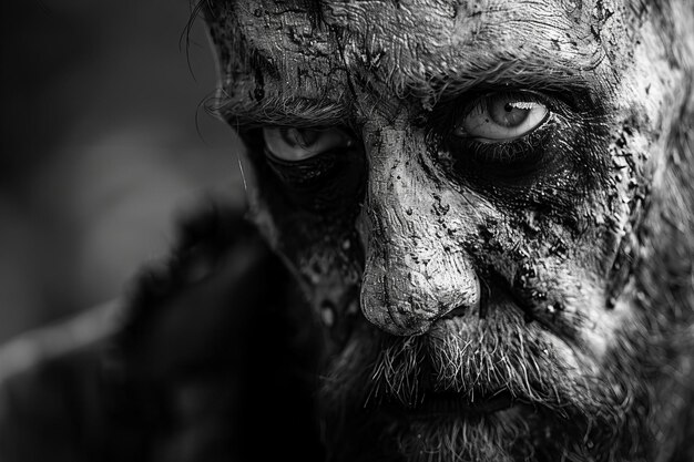 Photo zombie man with a creepy face portrait a horror concept a scary zombie head isolated on a black ba