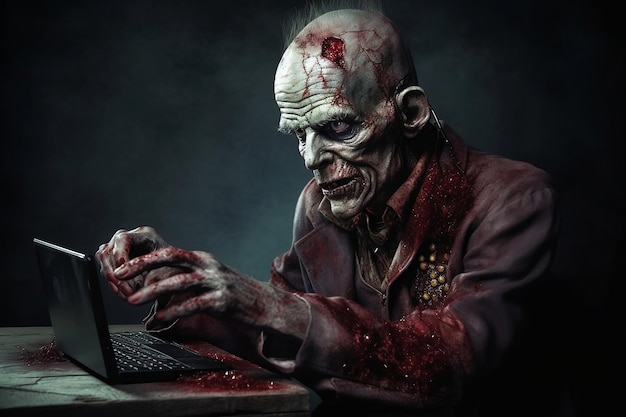 A zombie sits behind a laptop Generative AI