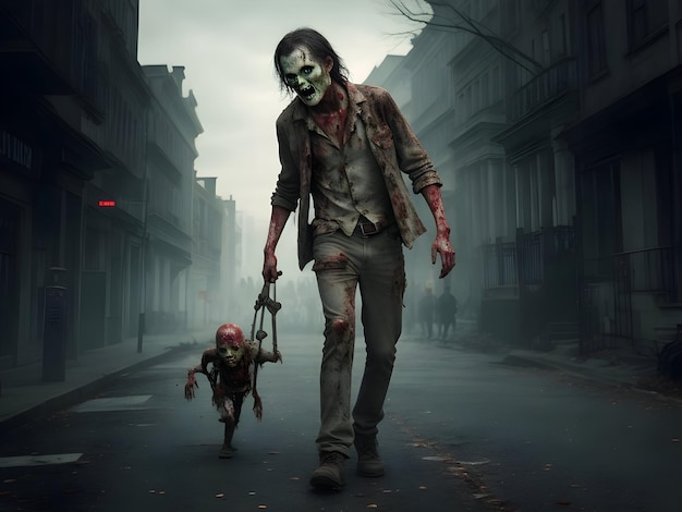 Zombie walking in the city Halloween concept 3D Rendering