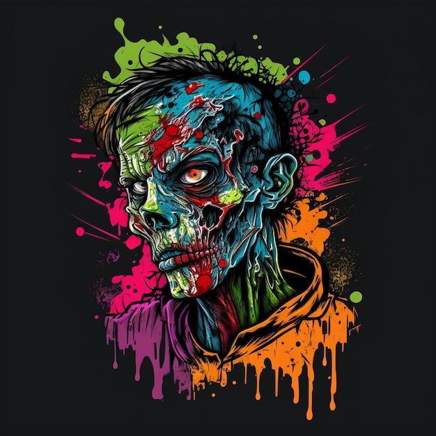 A zombie with a colorful face and the word zombie on it.