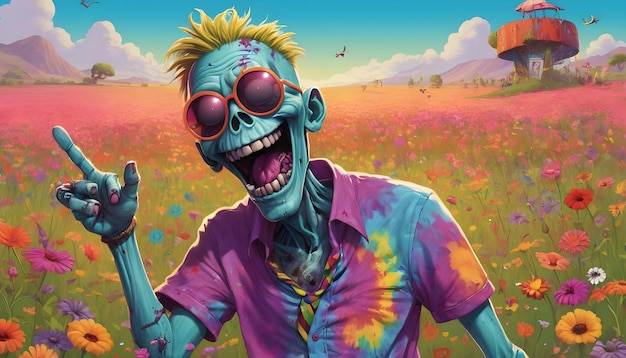 the Zombie with a tie dye shirt and peace sign sunglasses grooving and giggling amidst a field