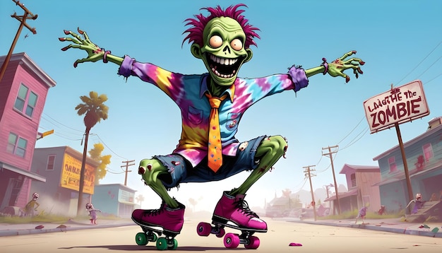 the Zombie with a tie dye shirt and roller skates doing cartwheels and handstandswith a big smile