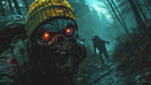 Zombie in a yellow hat walking through a forest