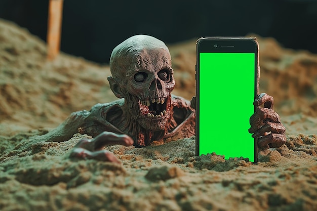 zombierising smartphone with the green screen out of the grave Holiday event Halloween concept with