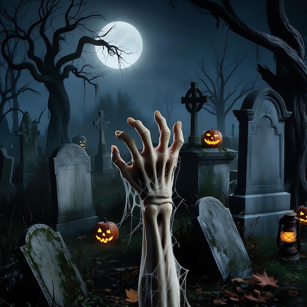 Zombies hands at a graveyard in a Halloween scene