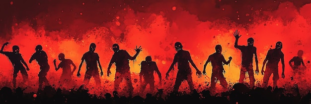 Zombies rising amid fiery red sky and barren landscape