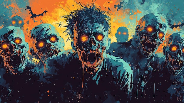 Zombies with glowing eyes in eerie orange light scene