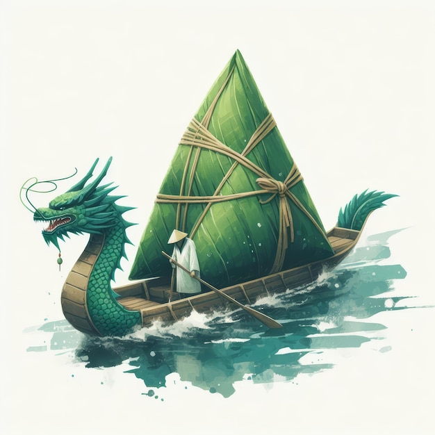 Zongzi minimalist illustration huge green zongzi on dragon boat