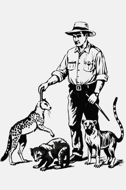 Photo zookeeper in action with engraving style black color only