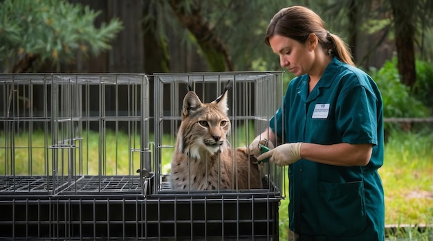 Photo a zoologist works with a lynx in a cage at the cat