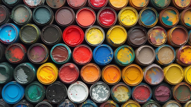 Photo zoom in on creativity a diverse array of colorful paints in cans