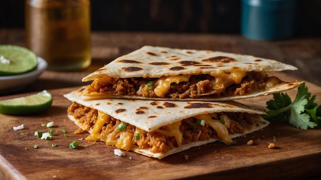 Zoom in on the crispy edges of the top quesadilla in the stack showcasing its goldenbrown color an