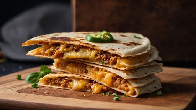 Photo zoom in on the crispy edges of the top quesadilla in the stack showcasing its goldenbrown color an